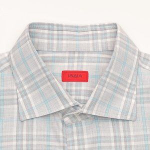 Isaia Gray and Blue Plaid Dress Shirt